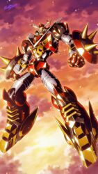  1970s_(style) babamba circular_saw commentary_request drill flying gasshin_sentai_mechander_robo glowing glowing_eyes highres mecha mecha_focus mechander_robo no_humans retro_artstyle robot saw science_fiction shield solo spikes super_robot weapon 