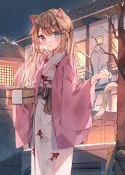  1girl animal_ear_fluff animal_ears animal_print black_ribbon blue_eyes blush brown_hair brown_tail bucket cape cat_ears cat_girl cat_tail commentary commission cowboy_shot dot_nose english_commentary facing_to_the_side fish_print flat_chest hair_ornament hairclip heripiro heterochromia highres holding holding_bucket house japanese_clothes kimono long_hair long_sleeves looking_at_viewer open_mouth original outdoors outstretched_arm parallel_hairclips pink_cape pink_eyes pink_ribbon ribbon sidelocks skeb_commission snow snowflakes solo standing tail tree watermark white_kimono winter wooden_bucket 