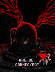  1other black_liquid brown_hair colored_skin dark_background deltarune grey_skin hair_over_face heart highres holding holding_heart liquid looking_at_viewer medium_hair no_eyes other_focus plant_roots soul_(deltarune) spacedawgspace striped_clothes striped_sweater sweater utdr_(toby_fox) vessel_(deltarune) wading 