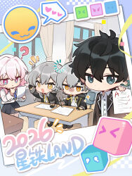  >_< 2boys 2girls :i ? black_coat black_gloves black_hair black_skirt blue_eyes caelus_(honkai:_star_rail) chair chibi chibi_only chinese_commentary closed_mouth coat commentary_request curtains dan_heng_(honkai:_star_rail) desk gloves graphia_academy_school_uniform grey_hair hand_on_own_chin highres holding holding_pencil honkai:_star_rail honkai_(series) loading_icon long_hair long_sleeves march_7th_(honkai:_star_rail) multiple_boys multiple_girls nervous notice_lines official_art open_clothes open_coat open_mouth pencil pleated_skirt school_chair school_desk school_uniform second-party_source shenshousss short_hair sitting skirt stelle_(honkai:_star_rail) sweat thinking trailblazer_(honkai:_star_rail) window yellow_eyes 