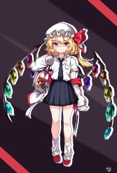  1girl alternate_costume angry bag bag_charm black_necktie black_skirt blonde_hair cardigan charm_(object) collared_shirt commentary contemporary crystal crystal_wings english_commentary flandre_scarlet frown full_body hat hellkids2 highres looking_at_viewer mcdonald's mob_cap multicolored_wings necktie one_side_up open_cardigan open_clothes pleated_skirt red_eyes red_vest school_bag school_uniform shaded_face shirt skirt solo touhou vest white_bag white_cardigan white_hat white_shirt wings 