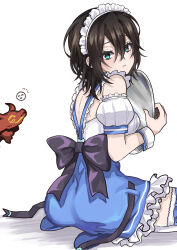  1girl aoi_erika aoi_erika_(deliverer_of_miracle) apron aqua_eyes back_bow bare_shoulders black_bow black_hair blue_bow blue_dress blush bow bow_legwear closed_mouth detached_sleeves dress eyelashes frilled_apron frilled_sleeves frills from_side frown furrowed_brow hair_between_eyes hands_up heaven_burns_red highres holding holding_tray huge_bow knees_out_of_frame looking_at_viewer maid maid_apron maid_headdress medium_hair official_alternate_costume puffy_short_sleeves puffy_sleeves seiza short_sleeves simple_background siromochino sitting sleeveless sleeveless_dress solo thigh-highs tray white_apron white_background white_thighhighs white_wrist_cuffs wrist_cuffs zettai_ryouiki 