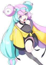  1girl blue_hair bow-shaped_hair character_hair_ornament criss-cross_halter fake_hair_bun grey_pantyhose hair_ornament halter_shirt halterneck hexagon_print iono_(pokemon) jacket long_hair magnemite multicolored_hair open_mouth oversized_clothes pantyhose pink_hair pokemon pokemon_scarlet_and_violet sharp_teeth single_leg_pantyhose sleeves_past_fingers sleeves_past_wrists smile solo split-color_hair teeth user_wfge2442 x_(symbol) yellow_jacket 