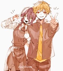  1boy 1girl black_dress black_jacket black_pants black_ribbon blonde_hair blush breasts chainsaw_man collared_shirt commentary_request cowboy_shot denji_(chainsaw_man) dress er1ji6ou2004 gakuran gold_buttons green_eyes hair_between_eyes hair_bun hetero holding_another's_arm jacket looking_at_viewer medium_breasts medium_hair neck_ribbon official_alternate_costume open_mouth orange_shirt pants parted_lips pinafore_dress purple_hair red_eyes reze_(chainsaw_man) ribbon school_uniform sharp_teeth shirt shirt_under_dress short_hair sleeveless sleeveless_dress smile teeth twitter_username updo v white_background white_shirt 