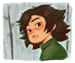  1girl black_eyes black_hair freckles green_jacket hoppers_(pixar) jacket looking_at_viewer mabel_tanaka messy_hair mothscure painterly short_hair simple_background sketch tooth_gap 
