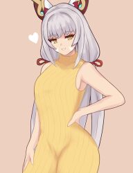  1girl animal_ears commentary djames dress english_commentary facing_viewer fox_ears highres long_hair looking_at_viewer nia_(blade)_(xenoblade) nia_(xenoblade) sleeveless sleeveless_dress smile solo twintails white_hair xenoblade_chronicles_(series) xenoblade_chronicles_2 yellow_dress 