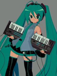  1girl 3d absurdres animasa_model_(mikumikudance) antenna_hair aqua_eyes aqua_hair aqua_nails aqua_necktie art_study bare_shoulders belt_charm black_sleeves cameo character_charm charm_(object) commentary cowboy_shot detached_sleeves doko_demo_issyo english_commentary grey_background grey_shirt hair_between_eyes hair_ornament hatsune_miku headphones headset highres holding inoue_toro instrument keyboard_(instrument) kio_(majin_kz) long_hair looking_at_viewer mikumikudance_(medium) necktie number_tattoo pose_study shirt simple_background skirt sleeveless sleeveless_shirt smile solo tattoo thigh-highs twintails very_long_hair vocaloid 