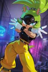  1girl animal_ears animal_nose artist_name bare_arms belt black_fur blue_eyes bracelet breasts crossed_arms earrings eyelashes furry furry_female gloves green_fur green_hair hairband high_ponytail highres infinityraito jewelry looking_at_viewer medium_breasts pants ponytail ring scowl shirt shoes short_tail sonic_(series) sonic_the_hedgehog_(idw) studded_bracelet surge_the_tenrec tail tank_top tenrec_girl white_gloves wide_hips yellow_pants 