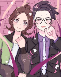  1boy 1girl black-framed_eyewear black_hair black_jacket blush brown_eyes brown_hair closed_mouth collarbone collared_shirt commentary_request corbeau_(pokemon) eyelashes glasses green_jacket hand_up harmony_(pokemon) heart hetero jacket locked_arms long_sleeves necktie open_clothes open_jacket pokemon pokemon_legends:_z-a purple_shirt round_eyewear shirt short_hair sleepy_(ggvv5882) smile sweat white_necktie white_shirt 