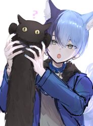  1boy :o ? absurdres amin_(aminblue) animal_ear_fluff animal_ears aoyagi_touya belt belt_collar blue_belt blue_hair blue_jacket blue_nails cat collar extra_ears fang fingernails grey_eyes grey_shirt hands_up highres jacket long_sleeves looking_at_viewer male_focus mole mole_under_eye multicolored_hair open_clothes open_jacket open_mouth project_sekai shirt short_hair simple_background solo split-color_hair tail two-tone_hair upper_body white_background wolf_boy wolf_ears wolf_tail 