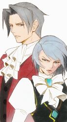  1boy 1girl absurdres ace_attorney ascot black_vest blue_eyes blue_hair bow bowtie brooch buttons closed_mouth curtained_hair diamond_button earrings franziska_von_karma furrowed_brow grey_eyes grey_hair highres jacket jewelry juliet_sleeves long_sleeves looking_at_viewer miles_edgeworth mole mole_under_eye open_clothes open_jacket puffy_sleeves red_jacket shirt short_hair simple_background sio2_(whynotkarma) upper_body vest white_ascot white_background white_bow white_bowtie white_shirt 