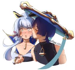  1boy 1girl armor arms_at_sides artist_name bare_shoulders black_bodysuit black_bridal_gauntlets blue_hat blunt_ends blunt_tresses blush bodysuit bridal_gauntlets closed_eyes closed_mouth collarbone commentary couple covered_collarbone cropped_torso curled_fingers dou english_commentary eyeliner facing_another fingernails genshin_impact gold gold_trim hair_intakes hair_tie hand_up hat hetero high_ponytail highres japanese_armor jinbaori jingasa kamisato_ayaka kiss kissing_cheek looking_at_viewer makeup middle_ring mole mole_under_eye mystical_high_collar neck_tassel open_mouth ponytail purple_hair red_eyeliner riina_606 scaramouche_(genshin_impact) surprise_kiss surprised tareme tassel teeth tilted_headwear tongue turtleneck turtleneck_bodysuit upper_teeth_only wanderer_(genshin_impact) white_background white_eyes white_hair wide-eyed 