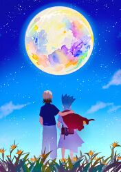  artemis_program commentary_request dr._stone father_and_child father_and_son full_moon highres ishigami_byakyuya ishigami_senkuu moon multicolored_outline multiple_caterpillar_tracks parent_and_child saruru5383 sky space star_(sky) starry_sky 