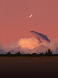  1other absurdres ambiguous_gender animal chinese_commentary clouds commentary_request crescent_moon fangpeii flying_whale forest highres moon nature orange_sky original outdoors oversized_animal scenery sky standing star_(sky) twilight whale wide_shot 