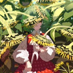  1girl ascot chabi_(amedama) checkered_clothes clenched_hand collared_shirt dated dress field flower flower_field green_hair hands_up holding holding_umbrella kazami_yuuka leaf long_dress long_sleeves looking_at_viewer one_eye_covered open_mouth plant puffy_sleeves red_dress red_eyes shirt short_hair smile solo standing sunflower sunflower_field touhou umbrella upper_body vest wavy_hair white_shirt white_umbrella yellow_ascot yellow_flower 