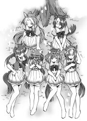  6+girls ahoge animal_ears blush braid buena_vista_(umamusume) cesario_(umamusume) commentary_request crown_braid ear_covers ears_through_headwear greyscale hair_between_eyes hair_ornament hairband hand_puppet hat horse_ears horse_girl horse_tail long_hair lucky_lilac_(umamusume) marche_lorraine_(umamusume) medium_hair mismatched_ear_covers monochrome multiple_girls open_mouth orfevre_(umamusume) puppet school_uniform short_hair short_sleeves side_ponytail sitting special_week_(umamusume) tail thigh-highs tomozawa1022 tracen_school_uniform umamusume umamusume_horse_relations 