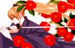  flower hairband japanese_clothes line orange_hair red_eyes sword weapon 