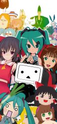  2channel 3d 4boys 6+girls absurdres animasa_model_(mikumikudance) antenna_hair aqua_eyes aqua_hair aqua_necktie artoria_pendragon_(fate) brown_hair cameo character_request chibi copyright_request crossover dual_persona fate_(series) food green_eyes hachune_miku hair_between_eyes hair_ornament hakurei_reimu halftone hatsune_miku headset highres holding holding_food holding_spring_onion holding_vegetable idolmaster japanese_clothes kagamine_rin kantai_collection kemono_friends kio_(majin_kz) kirisame_marisa long_hair looking_at_viewer mcdonald's megurine_luka meme miko mikumikudance_(medium) mona_(2ch) multiple_boys multiple_girls necktie niconico red_eyes rin_no_youchuu ronald_mcdonald serval_(kemono_friends) shimakaze_(kancolle) shiteyan'yo short_hair smile spring_onion takoluka terebi-chan twintails variant_set vegetable vocaloid yukkuri_shiteitte_ne 