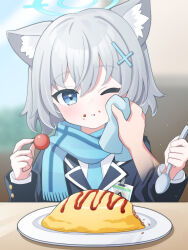  1girl 1other :t absurdres abydos_high_school_logo animal_ear_fluff animal_ears aqua_necktie aqua_scarf blazer blue_archive blue_eyes blue_halo blue_jacket blurry blurry_background blush commentary_request cross_hair_ornament disembodied_hand eating food food_on_face grey_hair hair_between_eyes hair_ornament halo highres holding holding_food holding_spoon id_card indoors jacket long_sleeves medium_hair necktie official_alternate_costume omelet omurice one_eye_closed petako_(ptpt_k) pov pov_hands scarf shiroko_(blue_archive) shiroko_(young)_(blue_archive) shirt solo spoon striped_clothes striped_scarf tomato white_shirt wolf_ears wolf_girl 