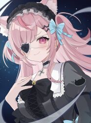  1girl animal_ears animal_print bell black_bow black_choker black_dress black_headdress blue_bow blush bow breasts cat_ears cat_girl cat_hair_ornament cat_print choker closed_mouth collarbone commentary_request dress eyepatch hair_bow hair_ornament hairclip highres indie_virtual_youtuber jingle_bell large_breasts long_hair long_sleeves looking_at_viewer pink_eyes pink_hair rurudi_(51_ruru6151) smile solo two_side_up virtual_youtuber yuuki_sakuna 