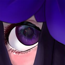 2girls black_hair blush bow commentary_request cone_horns eye_reflection highres horn_ornament horn_ribbon horns korean_commentary long_hair looking_at_another lovelobten multiple_girls nippaku_zanmu purple_bow reflection reflection_focus ribbon touhou violet_eyes yellow_horns yomotsu_hisami yuri 