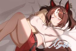  1girl ahoge animal_ears bed belt casual closed_eyes commentary_request gran_alegria_(umamusume) hair_ornament highres horse_ears horse_girl hugging_object matty_(matsutomo) open_mouth pillow signature sleeping solo thighs umamusume x_hair_ornament 