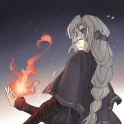  1girl 2025 black_robe blonde_hair closed_mouth commentary_request covered_eyes dark_souls_(series) dark_souls_iii eye_mask fire fire_keeper from_side fromsoftware gradient_background grey_background highres hjy1122 mask ponytail robe wristband 