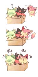  absurdres animal_focus box cardboard_box cat closed_eyes commentary green_fur highres in_box in_container litten motion_lines no_humans open_mouth pokemon pokemon_(creature) pokemon_focus skitty sleeping sprigatito tail yupo_0322 zzz 