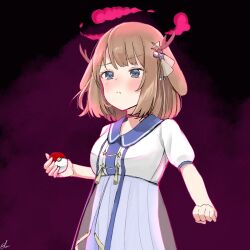  1girl antlers blue_collar blue_eyes blush brown_hair collar commentary_request dark_background deer_antlers dress hair_ornament holding holding_poke_ball horns indie_utaite kano_(utaite) pink_aura pink_background poke_ball pokemon pout purple_skirt red_ribbon ribbon sailor_dress shirt short_hair skirt solo star_(symbol) star_hair_ornament un_udooon upper_body utaite white_shirt 