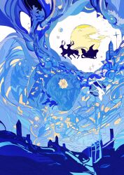  absurdres blue_sky blue_theme christmas commentary_request flat_color full_moon hato_(n_hat_mu) highres landscape ligne_claire moon night original outdoors reindeer reins santa_claus silhouette sky sleigh star_(sky) 