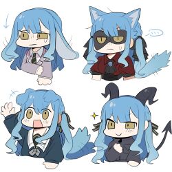  1girl animal_ears arknights bang_dream! bang_dream!_it's_mygo!!!!! blue_hair blush cat_ears cat_tail commentary_request demon_horns demon_tail dog_ears dog_tail highres horns long_hair oblivionis_(bang_dream!) rabbit_ears smile sweat tail tail_wagging tears togawa_sakiko togawa_sakiko_(sarkaz) xxc1010 