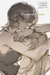  2girls absurdres animal_ear_fluff animal_ears arm_on_another's_head arm_rest artist_name bandaid bandaid_on_arm bandaid_on_hand black_nails breasts closed_mouth earclip earrings fox_ears fox_girl ga-o glasses green_eyes grey_eyes grey_hair head_hug highres hoop_earrings hug jewelry long_hair looking_at_viewer medium_breasts mole mole_on_neck mole_under_mouth multiple_girls nail_polish original profile rectangular_eyewear semi-rimless_eyewear short_hair slit_pupils upper_body watch watch watermark white_background yuri 