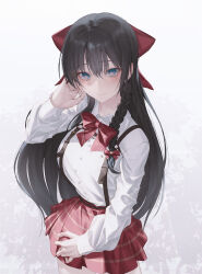  1girl belt black_hair blue_eyes bow bowtie braid hair_ornament hand_in_own_hair highres kangshi long_hair looking_at_viewer original partially_shaded_face red_bow red_bowtie red_skirt shirt side_braid simple_background skirt solo standing white_background white_shirt 