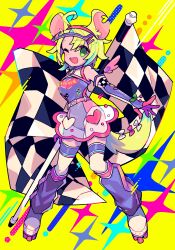  1girl ;d absurdres ahoge animal_ears bare_shoulders blonde_hair blue_gloves blue_leotard blue_shoes blue_socks blush character_request checkered_flag commentary_request commission copyright_request elbow_gloves flag full_body gloves green_eyes hair_ornament hairclip highres honoca6190 kneehighs leotard looking_at_viewer loose_socks mouse_ears mouse_girl one_eye_closed open_mouth parallel_hairclips roller_skates see-through_clothes see-through_skirt shoes short_hair skates skeb_commission skirt smile socks solo standing yellow_background 