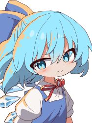  1girl aqua_eyes aqua_hair black_bow bow cirno closed_mouth commentary hair_bow highres ice ice_wings looking_at_viewer magg_(user_mtca8588) neck_ribbon puffy_short_sleeves puffy_sleeves ribbon short_sleeves simple_background smile solo touhou upper_body white_background wings 