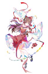  1girl absurdres ascot between_fingers black_shoes bow brown_eyes brown_hair chinese_commentary commentary_request detached_sleeves flower flower_request frilled_bow frilled_hair_tubes frilled_skirt frills gohei hair_bow hair_tubes hakurei_reimu highres holding holding_gohei holding_ofuda long_hair mary_janes ofuda ofuda_between_fingers red_bow red_flower red_skirt ribbon-trimmed_sleeves ribbon_trim shanguang_san_he_yi_xiao_ci_guai shoes skirt skirt_set socks solo touhou white_socks yellow_ascot 