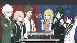  2girls 4boys ahoge akamatsu_kaede arms_behind_head bag black_hair black_jacket blonde_hair breast_pocket breasts brown_eyes brown_hair brown_skirt buttons checkered_clothes checkered_neckerchief checkered_scarf collared_jacket collared_shirt commentary_request crest crossed_arms danganronpa_(series) danganronpa_2:_goodbye_despair danganronpa_v3:_killing_harmony double-breasted finger_to_own_chin flipped_hair green_jacket green_necktie grey_hair hair_between_eyes hair_ornament hand_on_own_hip hinata_hajime hood hood_down hooded_jacket hope's_peak_academy_school_uniform jacket komaeda_nagito large_breasts letterboxed liar_game long_hair long_sleeves looking_at_another medium_hair messy_hair mik_0369 multicolored_buttons multiple_boys multiple_girls musical_note musical_note_hair_ornament nanami_chiaki neck_ribbon neckerchief necktie oma_kokichi open_clothes open_jacket open_mouth pants parody pink_bag pink_eyes pink_ribbon pink_sweater_vest pink_vest pinstripe_jacket pinstripe_pants pinstripe_pattern pleated_skirt pocket print_shirt pump_action purple_hair ribbon saihara_shuichi scarf school_uniform shirt short_hair short_sleeves skirt smile striped_clothes striped_jacket striped_pants suitcase sweater_vest teeth two-tone_scarf two-tone_shirt upper_body vest violet_eyes vs white_bag white_shirt 