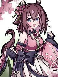  1girl absurdres animal_ears bare_shoulders black_gloves black_hair black_tail blue_eyes blurry blush breasts cherry_blossoms clenched_hands commentary_request depth_of_field detached_sleeves gloves hair_between_eyes highres horse_ears horse_girl horse_tail japanese_clothes kikkasoon kimono looking_at_viewer medium_hair open_mouth pink_kimono pink_sleeves sakura_chiyono_o_(strength_in_full_bloom)_(umamusume) sakura_chiyono_o_(umamusume) simple_background smile solo tail umamusume white_background wide_sleeves 