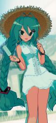  1girl 3d :d absurdres alternate_costume alternate_hairstyle animasa_model_(mikumikudance) antenna_hair aqua_eyes aqua_hair aqua_nails artist_name blush bracelet braid breasts center_frills dress food frills hair_between_eyes hair_ornament hat hatsune_miku highres holding holding_food holding_popsicle jewelry kio_(majin_kz) lace-trimmed_dress lace_trim legs long_hair looking_at_viewer low_twin_braids mikumikudance_(medium) outdoors popsicle sleeveless sleeveless_dress small_breasts smile solo straw_hat sun_hat sundress twin_braids variant_set very_long_hair vocaloid white_dress 