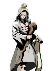  1boy absurdres beard character_request commentary_request facial_hair highres long_hair macossa muscular muscular_male scroll shin_megami_tensei simple_background solo white_background 
