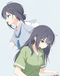  1girl black_hair blue_background blue_neckerchief breasts cho_kaguya-hime! closed_mouth green_eyes green_pajamas highres hishamaru_(hisyamaru3104) instrument keyboard_(instrument) long_hair medium_breasts neckerchief open_mouth pajamas sailor_collar sakayori_iroha school_uniform serafuku shirt short_sleeves simple_background solo upper_body white_sailor_collar white_serafuku white_shirt 