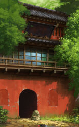  absurdres architecture artist_name artstation_logo building bush day dirt doorway east_asian_architecture facebook_logo grass highres outdoors painterly scenery sen_to_chihiro_no_kamikakushi sicuvn statue sunlight tree window youtube_logo 