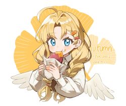  1girl ahoge alternate_costume artist_name bird_girl bird_wings blonde_hair blue_eyes blush braid braided_twintails brown_vest commentary_request cropped_torso dated eating feathered_wings filo_(tate_no_yuusha_no_nariagari) food hair_intakes hair_ornament hairclip highres long_hair looking_at_viewer luo_xuan_xing_wu_si_(spiral_tungsten_wire) parted_bangs roasted_sweet_potato shirt solo sweet_potato tate_no_yuusha_no_nariagari upper_body vest white_shirt white_wings wings 