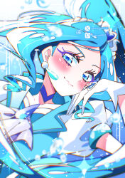  1girl absurdres artist_name ascot blue_ascot blue_choker blue_dress blue_eyes blue_hair blue_theme blurry choker closed_mouth commentary cure_fontaine dress earrings gloves hand_on_own_face head_tilt healin'_good_precure highres jewelry light_particles long_hair looking_at_viewer magical_girl pixiv_logo pixiv_username portrait potacure precure puffy_short_sleeves puffy_sleeves sawaizumi_chiyu short_sleeves signature smile solo sparkle tiara twitter_username twitter_x_logo very_long_hair white_gloves 