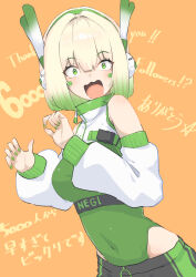  1girl absurdres bare_shoulders black_shorts blonde_hair blush breasts closed_mouth commentary_request covered_navel detached_sleeves fingernails green_eyes green_hair green_leotard green_nails green_shorts green_sleeves green_streaks hair_between_eyes hands_up highres large_breasts leotard looking_at_viewer medium_hair multicolored_hair multicolored_shorts multicolored_sleeves nail_polish negidesu1105 open_mouth orange_background original short_shorts shorts simple_background smile solo streaked_hair surprised thigh-highs translation_request two-tone_hair two-tone_shorts two-tone_sleeves white_sleeves 