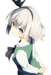  1girl arms_behind_back ascot black_ascot black_bow black_hairband bow bow_hairband commentary from_side green_eyes green_vest hairband highres konpaku_youmu looking_to_the_side own_hands_together shirt short_hair simple_background solo touhou vest wakadori1234 white_background white_hair white_shirt 