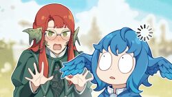  0_0 2girls 9yuki au_ra blue_hair blush commentary_request derivative_work dot_pupils dragon_horns final_fantasy final_fantasy_xiv flustered glasses green_eyes halmarut_(ff14) head_wings highres horns loading_icon long_hair meteion multiple_girls open_mouth outline red_hair round_eyewear scales short_hair spy_x_family sweatdrop upper_body voice_actor_connection white_outline wings 