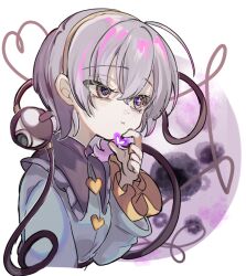  1girl :t ahoge blue_shirt buttons commentary frills hair_between_eyes hairband hall_jion hand_on_own_chin heart heart_button komeiji_satori long_sleeves pink_eyes pink_hair pout shirt short_hair solo third_eye touhou upper_body white_background 