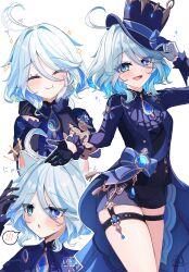  1girl :o :t absurdres ahoge ahoge_wag animal_ears ascot asymmetrical_gloves black_gloves black_shorts blue_ascot blue_eyes blue_gem blue_hair blue_hat blue_jacket blue_pupils blush cat_ears closed_mouth commentary_request drop-shaped_pupils expressive_hair furina_(genshin_impact) gem genshin_impact gloves hair_between_eyes hand_on_headwear hand_on_own_cheek hand_on_own_face hand_up hands_up hat heterochromia highres hydro_symbol_(genshin_impact) jacket kemonomimi_mode long_sleeves looking_at_viewer medium_hair mismatched_gloves multicolored_hair multiple_views open_mouth partial_commentary ranran_3939 short_shorts shorts spoken_blush symbol-shaped_pupils thigh_strap vision_(genshin_impact) whie_gloves white_background white_hair 