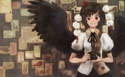  1girl bird_wings black_ribbon black_skirt black_wings camera collared_shirt commentary feathered_wings grin haruaki_(onkai_planaria) hat looking_at_viewer multicolored_shirt neck_ribbon photo_(object) pom_pom_(clothes) puffy_short_sleeves puffy_sleeves red_eyes red_hat ribbon shameimaru_aya shirt short_hair short_sleeves skirt smile solo tokin_hat touhou white_shirt wings 